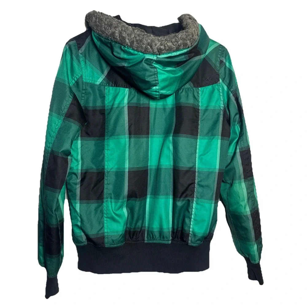 O'Neill Women's Plaid Hooded Jacket Green &‎ Black Faux Fur Trim Medium M - Picture 6 of 6